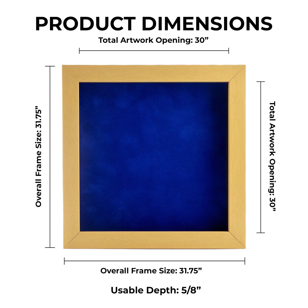 Classic Natural Wood Shadow Box Frame with Acrylic Front - Royal Blue Suede Backing, 30 Sizes